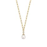 Collier avec perle de culture et diamant pendants sur chaîne maille trombone